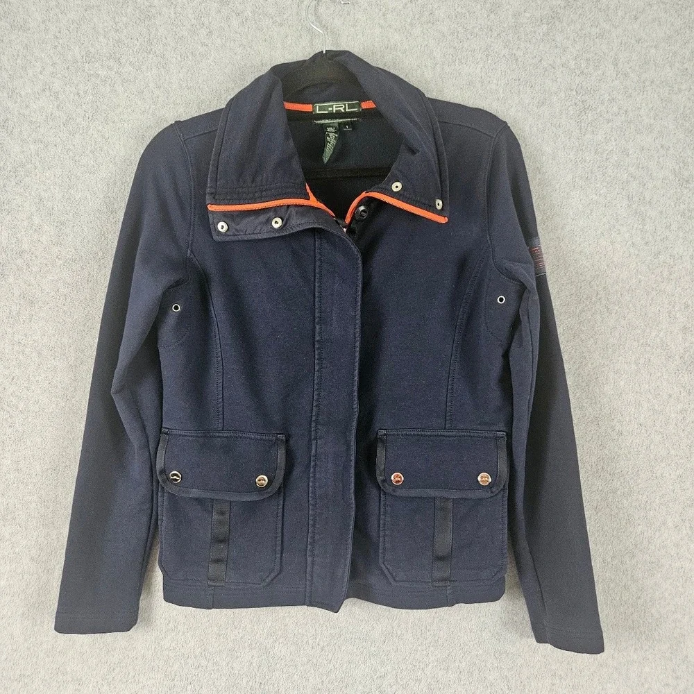 Lauren Active Ralph Lauren Navy Blue Utility Zip Up Jacket Orange Trim Small
